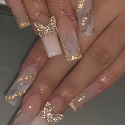 24pcs set of long square champagne Golden butterfly false nails to make your fingertips more charming, suitable for all women. Includes a gel nail file as a bonus