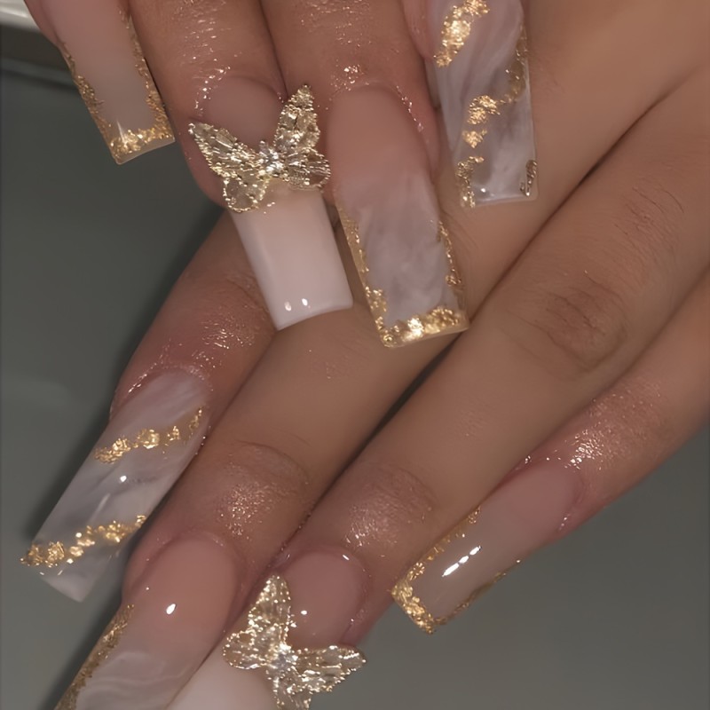 24pcs set of long square champagne Golden butterfly false nails to make your fingertips more charming, suitable for all women. Includes a gel nail file as a bonus