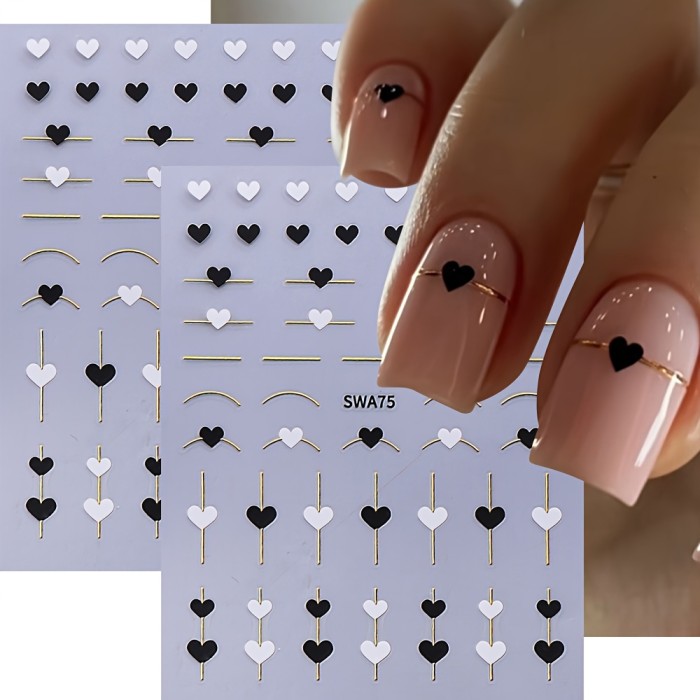 2pcs Golden Line Strips Nail Stickers 3D Love Heart Black White Love Valentine's Day Nail Art Decals for DIY Manicure Nail Decorations