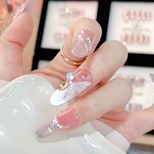 10pcs Handcrafted Long Oval Press-On Nails with 3D Butterfly & Cat Eye Designs