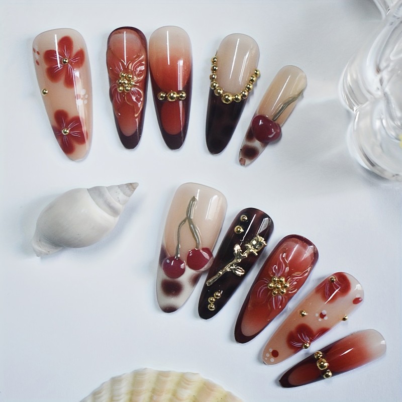 Box of 10 Traditional Handmade Luxury Three-Dimensional Elegant Floral Sweet Cherry Romantic Golden Rose Fashion Leopard Print Sparkling Golden Beads Suitable for All Women and s Daily Wear