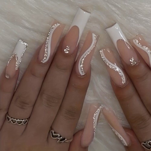 24pcs White French Tip Fake Nails, Glitter Swirl Press On Nails With Bling Rhinestone Design, Glossy Full Cover Long Ballet False Nails With Glue Sticker And Nails File For Women And Girls