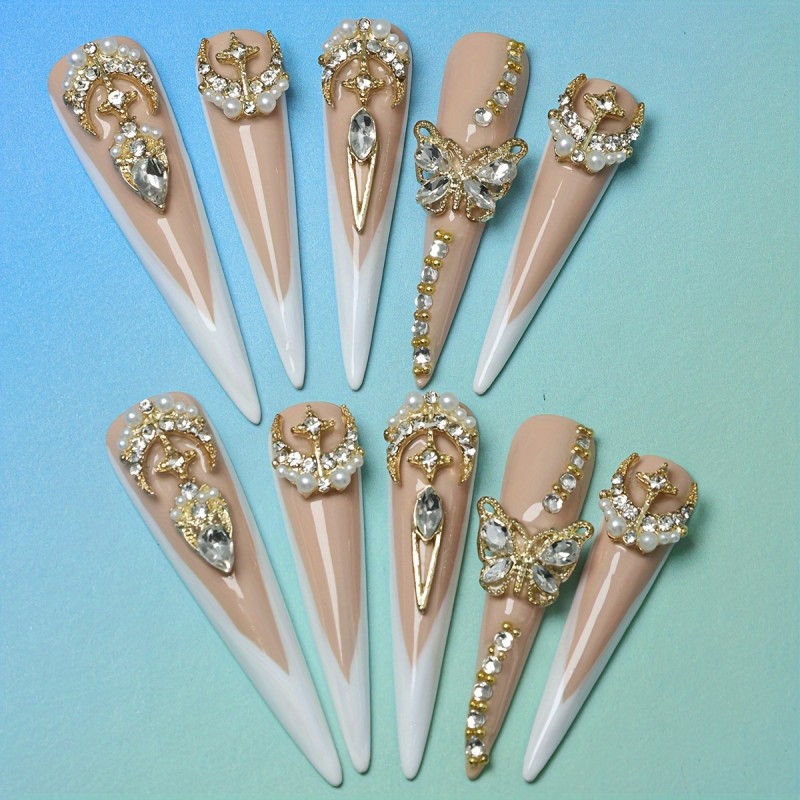 10pcs Handmade Extra Long French Press-On Nails with 3D Butterfly & Rhinestone Accents