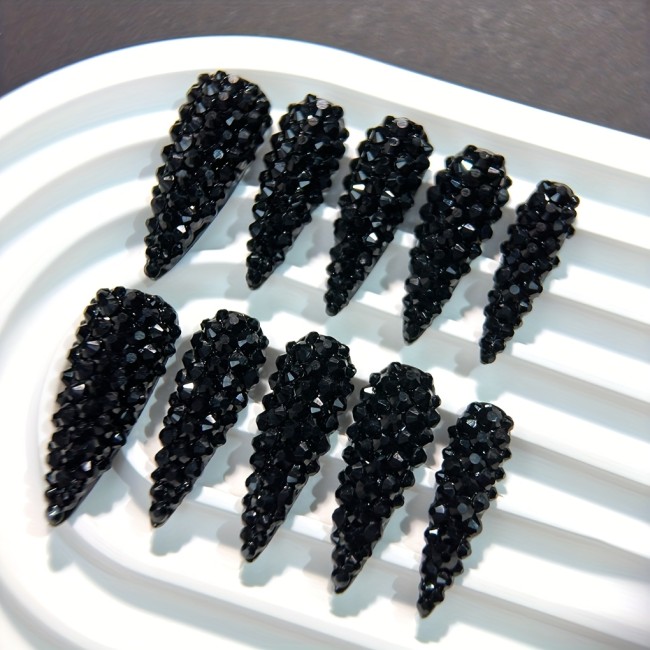 10pcs 1.3-inch Long Water Drop Almond Sweet Cool Style Black Y2K Full Rhinestone Luxury Shiny Press-On Nails