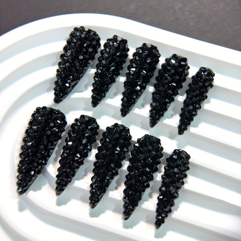 10pcs 1.3-inch Long Water Drop Almond Sweet Cool Style Black Y2K Full Rhinestone Luxury Shiny Press-On Nails