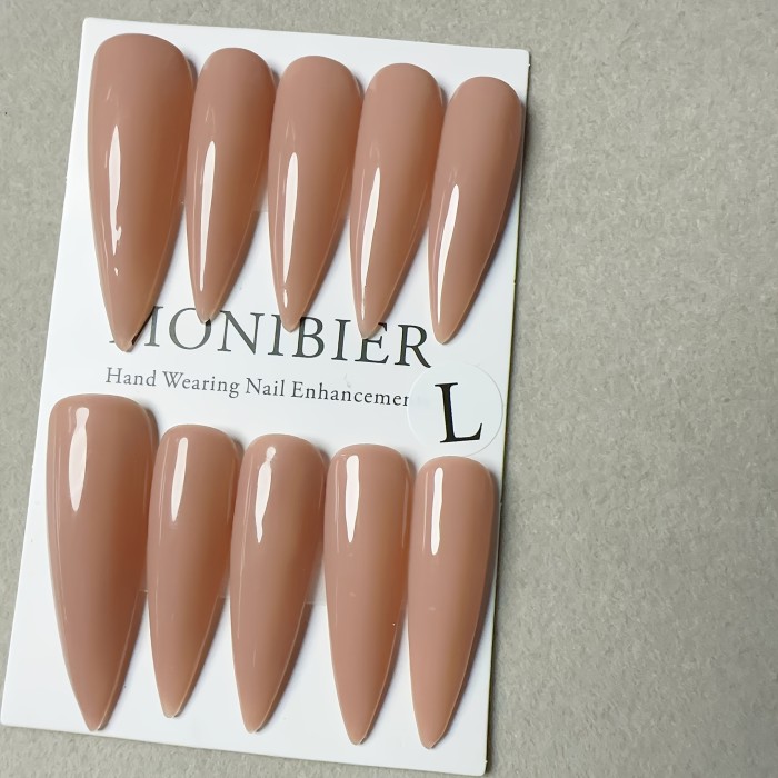 Ten-pack of handmade wearable nails solid color nude color Women's full coverage nail stickers reusable almond tip ultra-long style manicure nail stickers