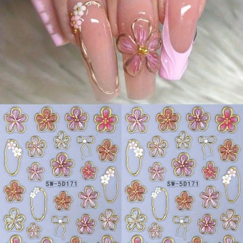 5D Embossed Golden Line Pink Floral Nail Stickers Elegant Nail Art
