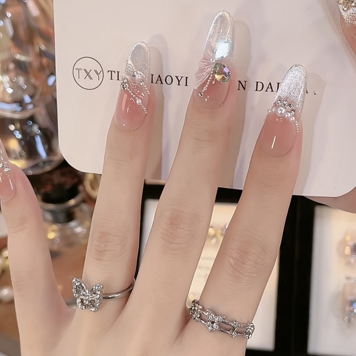10pcs Handcrafted Long Oval Press-On Nails with 3D Butterfly & Cat Eye Designs