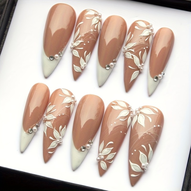 10pcs Set of Pure Handmade Wearable Nails That Can Be Reused Multiple Times Elegant White Nude Color French Nail Art