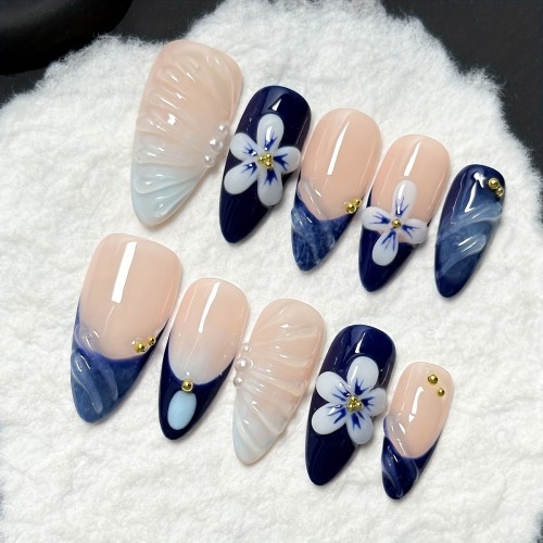 Handmade Medium Almond Shape French Blue Fake Nails with 3D Resin Flowers Press-On Nails