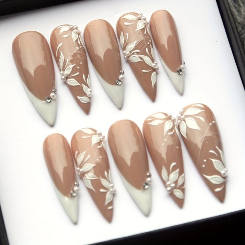 10pcs Set of Pure Handmade Wearable Nails That Can Be Reused Multiple Times Elegant White Nude Color French Nail Art
