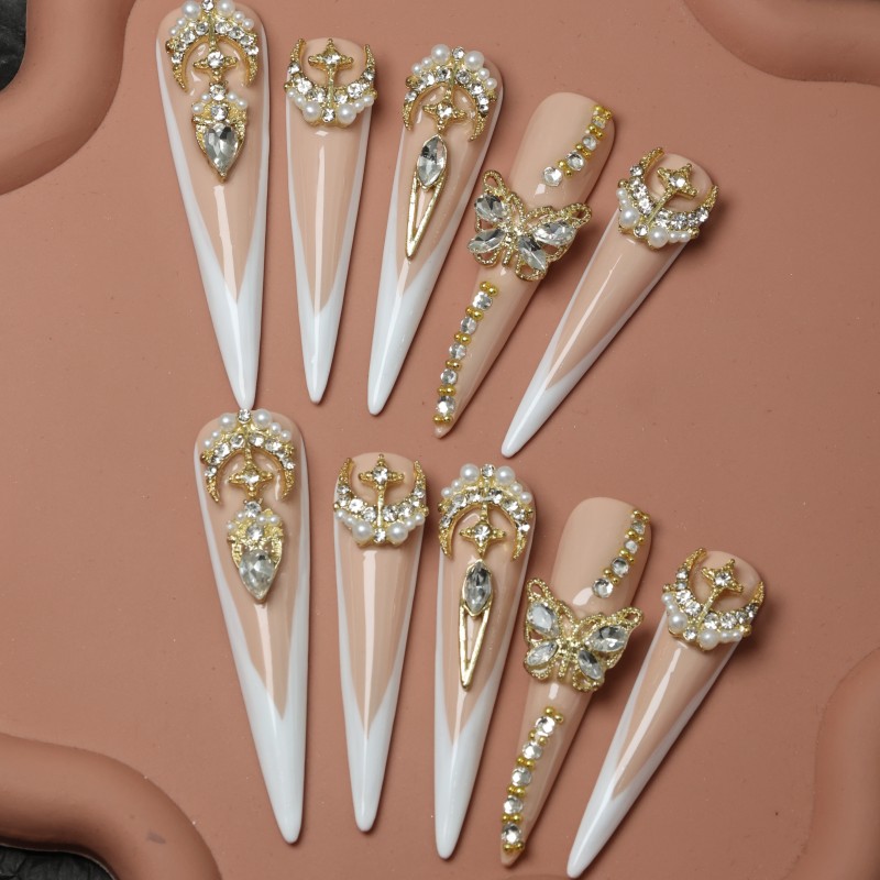 10pcs Handmade Extra Long French Press-On Nails with 3D Butterfly & Rhinestone Accents