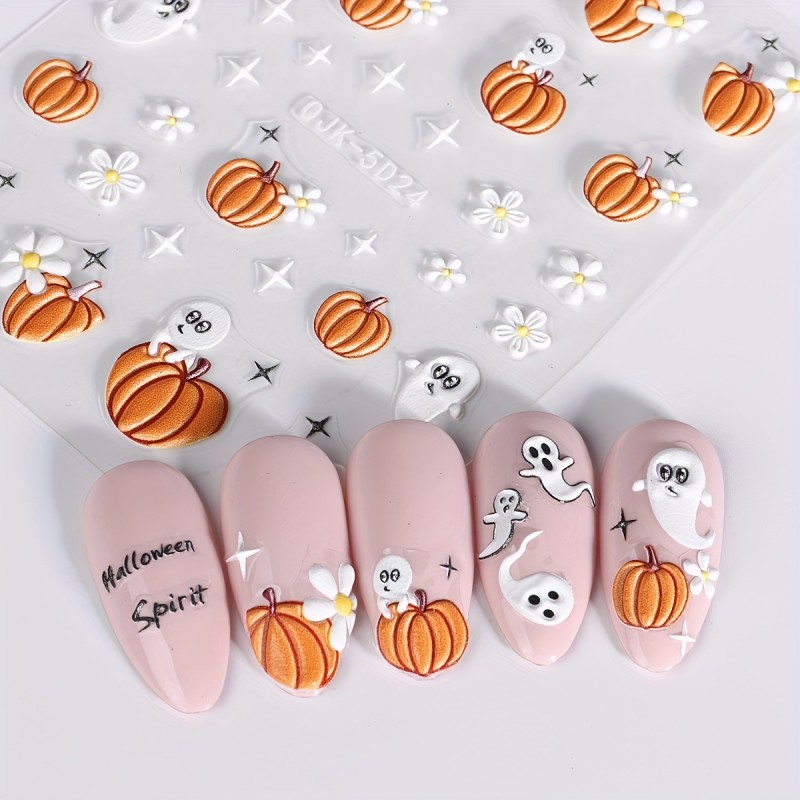 3 Sheets Halloween Nail Art Stickers - 5D 3D Embossed Self-Adhesive Decals with Skull
