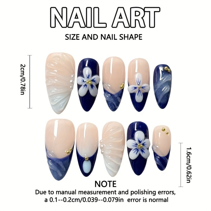 Handmade Medium Almond Shape French Blue Fake Nails with 3D Resin Flowers Press-On Nails