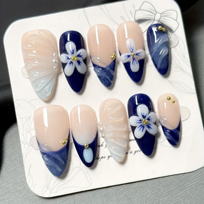 Handmade Medium Almond Shape French Blue Fake Nails with 3D Resin Flowers Press-On Nails