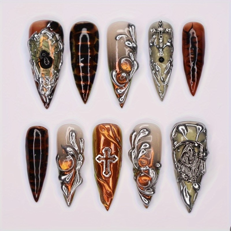 10pcs Gothic Handcrafted Full Coverage Long Teardrop Press-On Nails with Chrome Finish