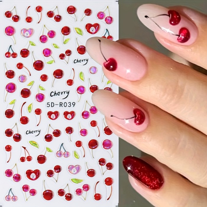 5D Shiny Jelly Cherry Nail Sticker Cute Sweet Fruit Design Self-Adhesive Nail Art Decals DIY Manicure Supplies