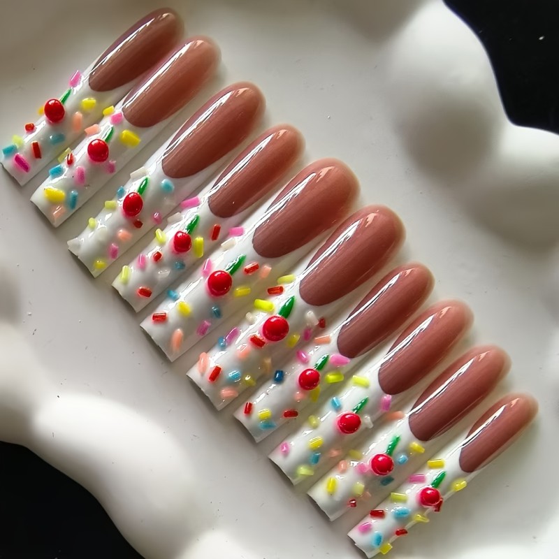 10pcs Handmade Press-On Nails Full Cover Reusable Square Ultra-Long Birthday Popsicle Design