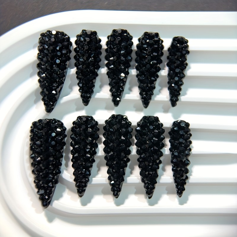10pcs 1.3-inch Long Water Drop Almond Sweet Cool Style Black Y2K Full Rhinestone Luxury Shiny Press-On Nails