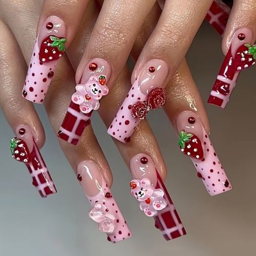 24pcs Long Square Wearable Nail Set, Spring\u002FSummer 3D Strawberry Design with Polka Dots & Stripes, Red Velvet Rose Accent, Includes 1 Jelly Glue & 1 Nail File