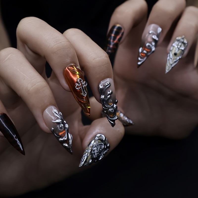 10pcs Gothic Handcrafted Full Coverage Long Teardrop Press-On Nails with Chrome Finish