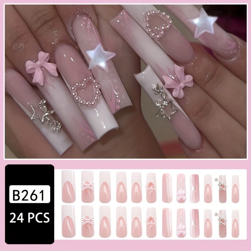 24pcs Box of Ultra-Long Ballet Nails Pink Heart Alloy Glitter Five-Star Press-On Fake Nails Waterproof Removable Nail Stickers with Jelly Adhesive and Scraper