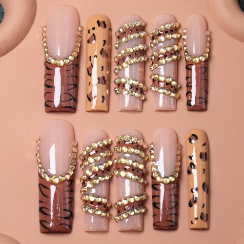 10pcs Handmade Leopard Print & Striped Design with Sparkling Rhinestones Press-On French Nails Party Accessories