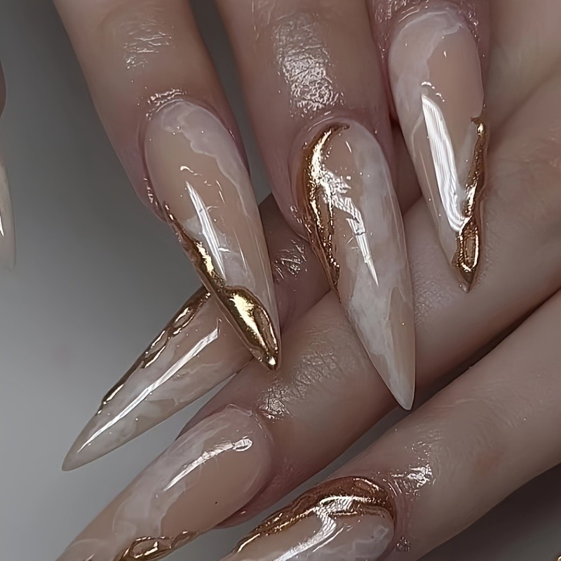 A Set of Ten Handmade Full-Cover Nail Decals for Women, Reusable in a Nude Pointed Shape with a Gradient Metallic Finish.