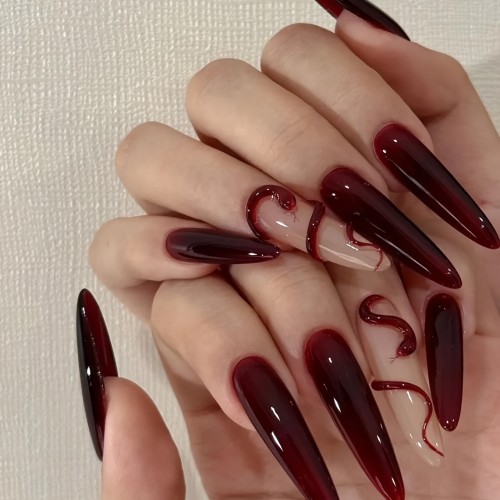 10pcs Handmade Vintage Dark Red Snake Pattern Long Nails