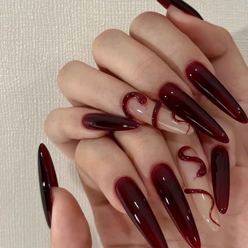 10pcs Handmade Vintage Dark Red Snake Pattern Long Nails