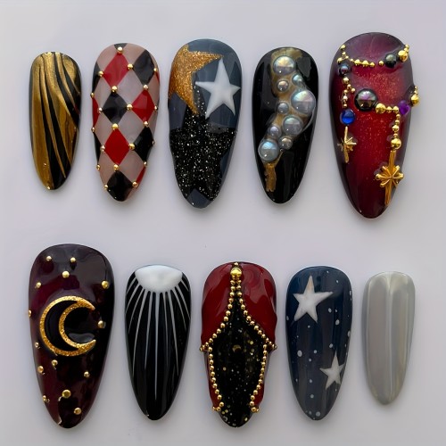 A Box of 10pcs of Traditional Handmade Nails French Style Elegant And Noble Golden Beads Cute Stars Golden Moon Art Plaid Stripes Suitable for All Ladies And Daily Wear