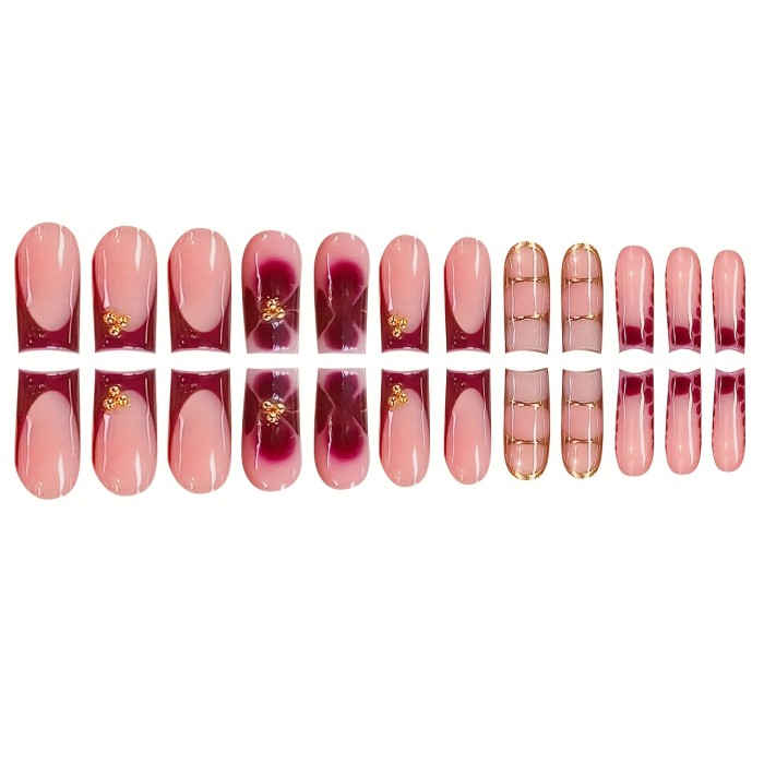 Handmade Manicure Gift Set with 1 Jelly Glue and 1 Nail File, 24pcs of Red Floral Golden Stripe Press-On Square Nails, Suitable for s and Women