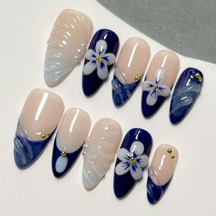 Handmade Medium Almond Shape French Blue Fake Nails with 3D Resin Flowers Press-On Nails
