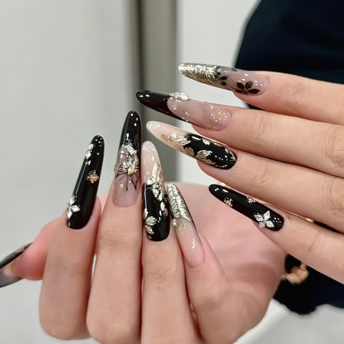 10pcs Handmade Press-On Nails with Ink Wash Golden & Black Butterfly Design