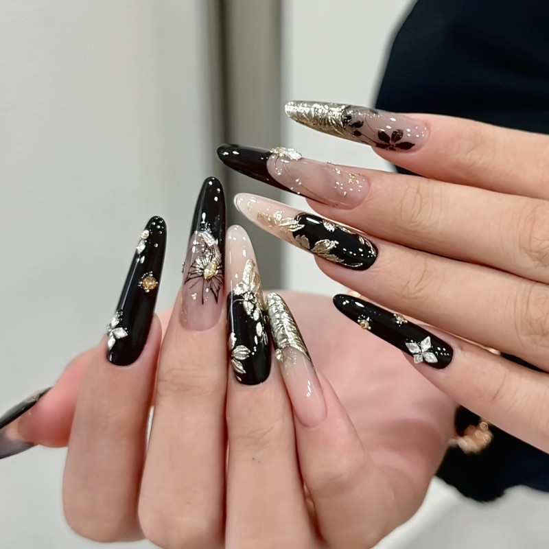 10pcs Handmade Press-On Nails with Ink Wash Golden & Black Butterfly Design