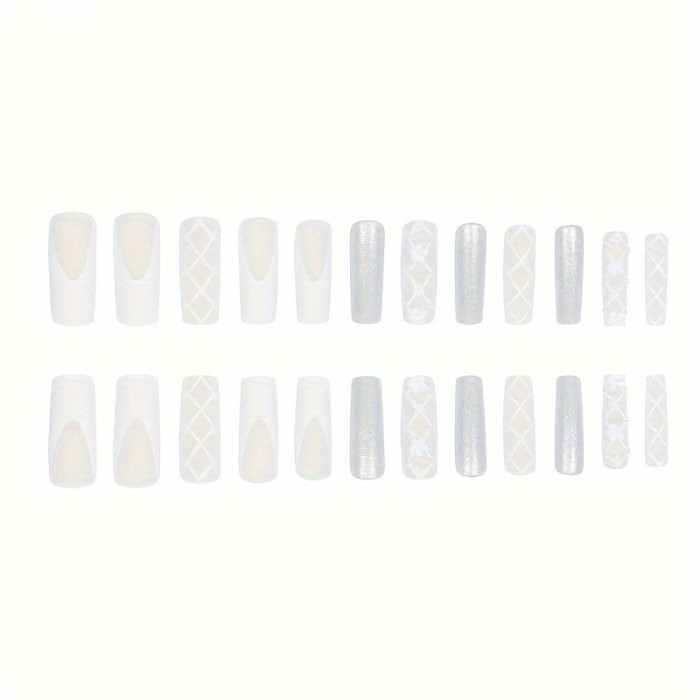 24pcs of Long Coffin-Shaped White French & 3D Flower Diamond False Nails ABS Full Cover Frosted False Nails & 1pc of Random Color Nail File And 1pc of Tape Suitable for Party Dance And Daily Wear