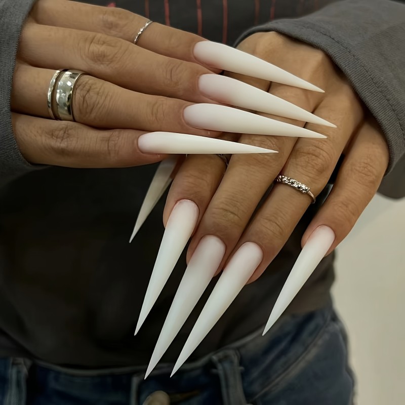 A Pack of 10 Ultra-Long Pointed False Nails for Women, Fully Covering, in Milky White, Reusable.