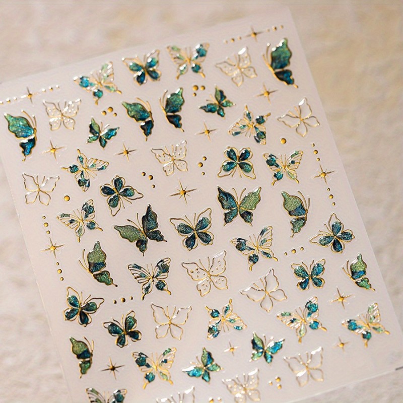 1pc Glossy 5D Embossed Jelly Butterfly Nail Sticker, Cartoon Theme - Self-Adhesive Resin Nail Art Decals with Crystal Embellishments for Women, Single Use - Rectangle Shape for Plastic Surfaces