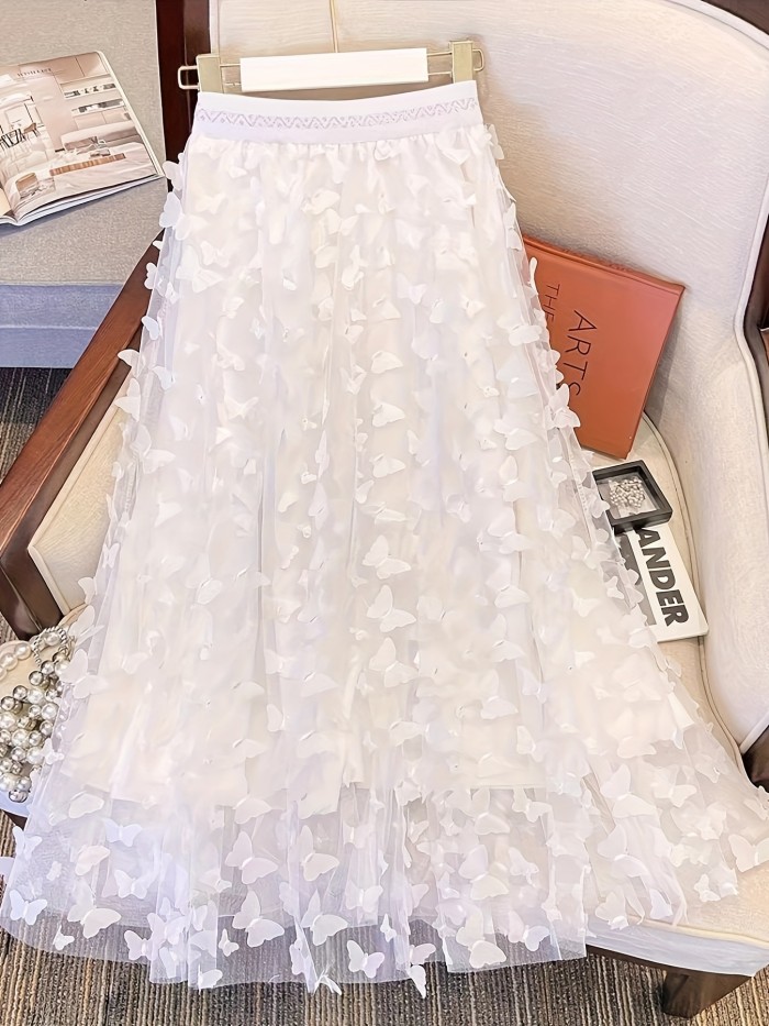 Chic Butterfly Applique High Waist Elegant Solid Color Pleated Skirt