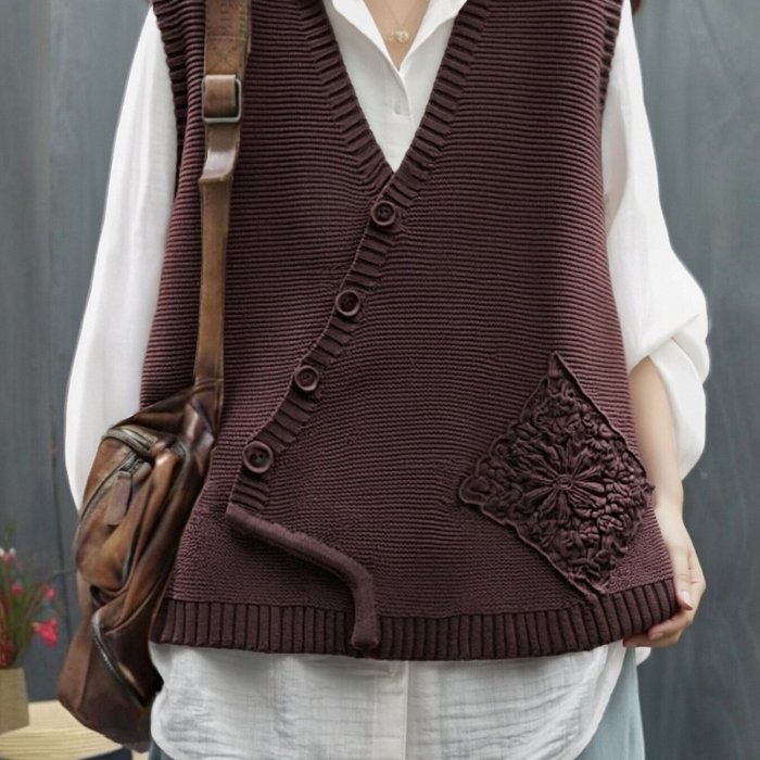Sleeveless Lace-Trimmed  V-Neck Button-Front Cardigan Vest Sweater