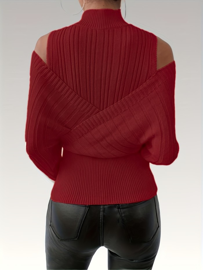 Women'S Elegant High-Neck Ribbed Puffed Sleeves Stretchy Cropped Pullover Sweater