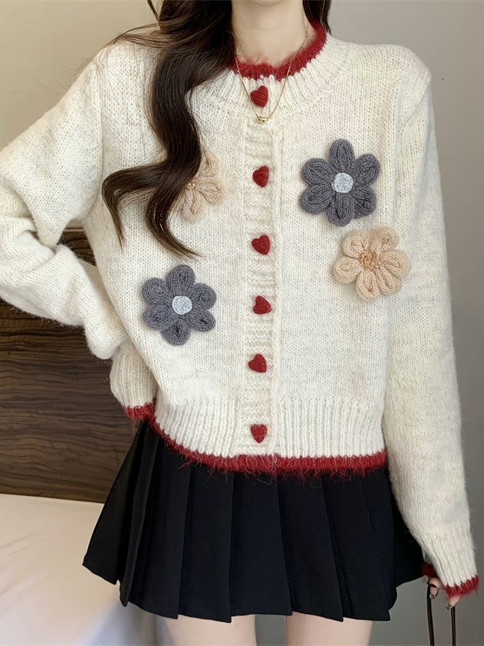 Women'S Round Neck Button Front Casual French-Style Floral Cardigan