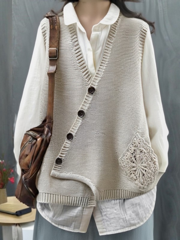 Sleeveless Lace-Trimmed  V-Neck Button-Front Cardigan Vest Sweater