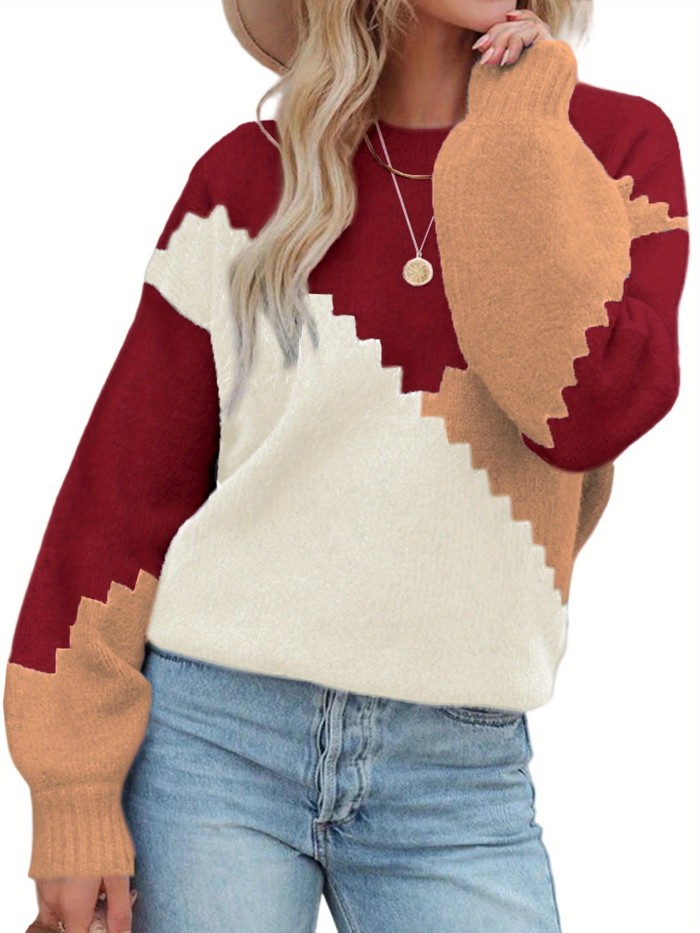 Women's Cozy Patchwork Loose Fit Round Neck Long Sleeve Winter Sweater