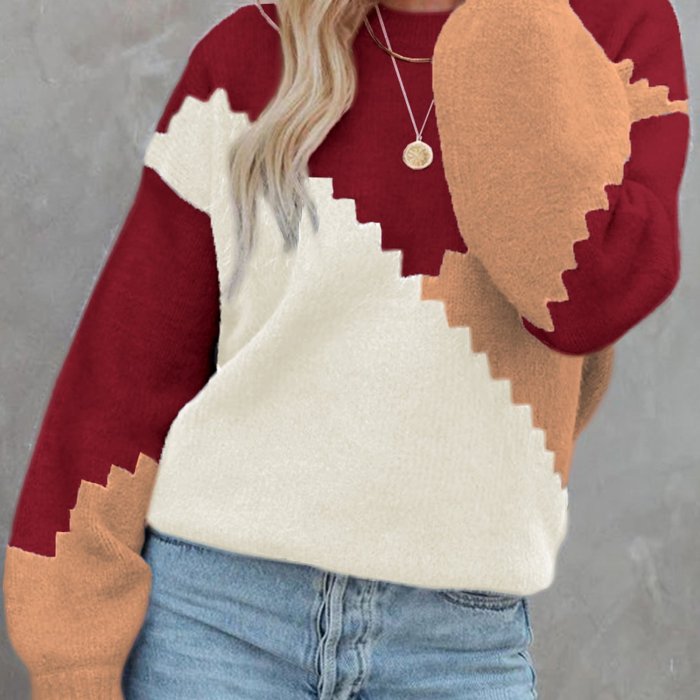 Women's Cozy Patchwork Loose Fit Round Neck Long Sleeve Winter Sweater