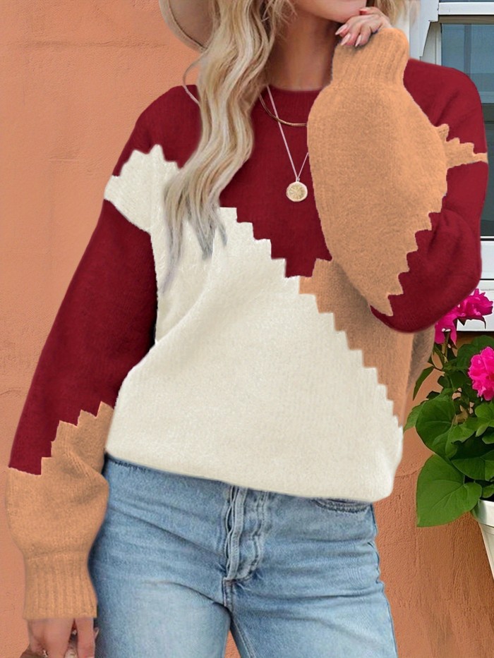 Women's Cozy Patchwork Loose Fit Round Neck Long Sleeve Winter Sweater