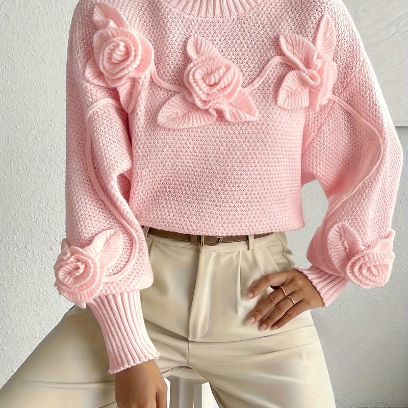Women's Elegant High Neck Long Sleeve Sweater with Floral Appliqué