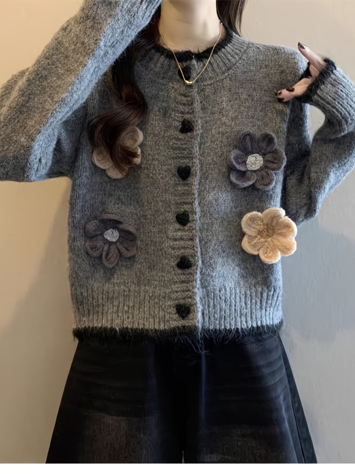 Women'S Round Neck Button Front Casual French-Style Floral Cardigan