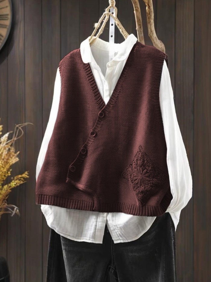 Sleeveless Lace-Trimmed  V-Neck Button-Front Cardigan Vest Sweater