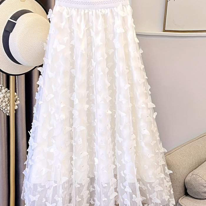 Chic Butterfly Applique High Waist Elegant Solid Color Pleated Skirt